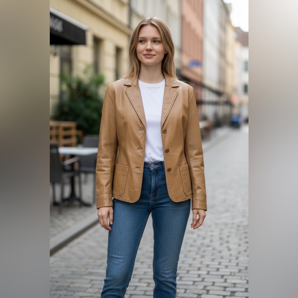 Gap Camel Leather Blazer Jacket Medium Vintage Y2… - image 1